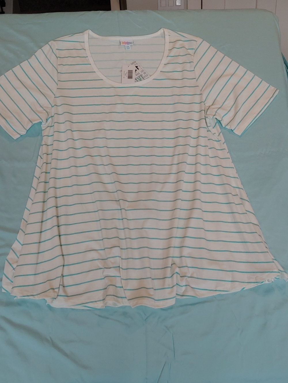 LuLaRoe White Tee with Light Teal Stripes